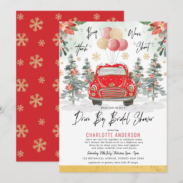 Merry Red Green Gold Winter Drive by Brautparty Einladung (Vorne/Hinten)