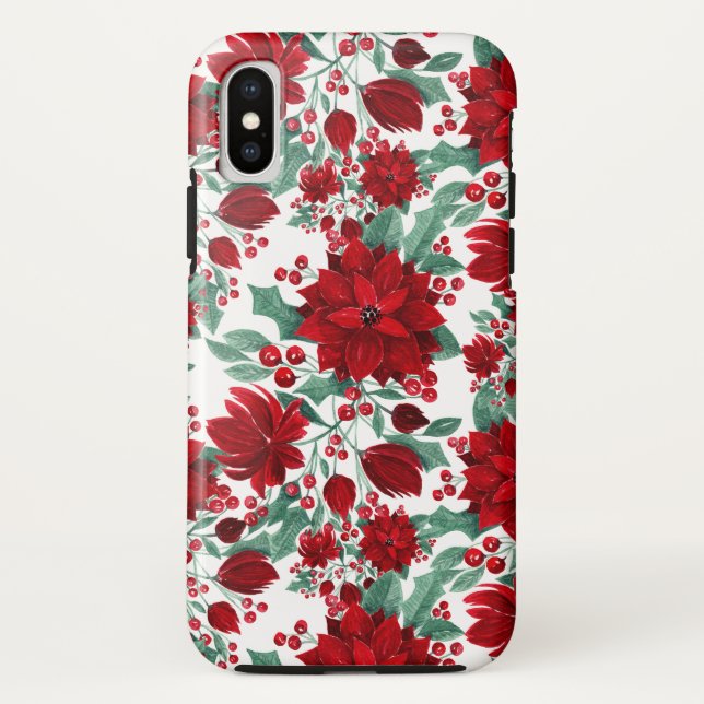 Merry Red Poinsettia Blume Ivy Blätter Wasserfarbe Case-Mate iPhone Hülle (Rückseite)