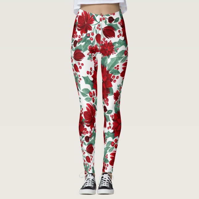 Merry Red Poinsettia Blume Ivy Blätter Wasserfarbe Leggings (Vorderseite)