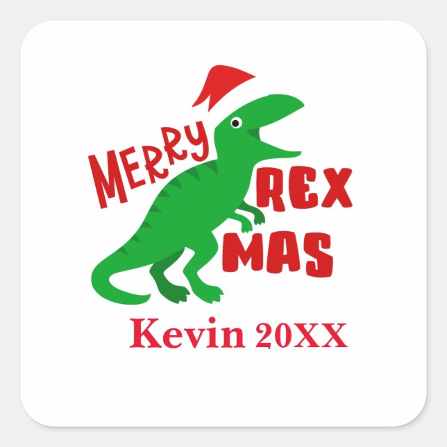 Merry Rex Mas Personalize Childrens TRex Dinosaur Quadratischer Aufkleber (Vorderseite)