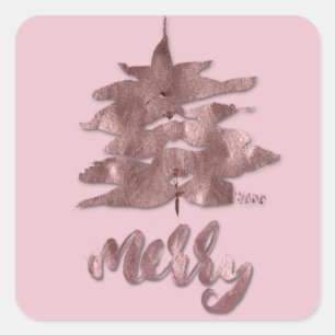 Merry Rose Gold Mauve Weihnachtsbaum Metall Kupfer Quadratischer Aufkleber