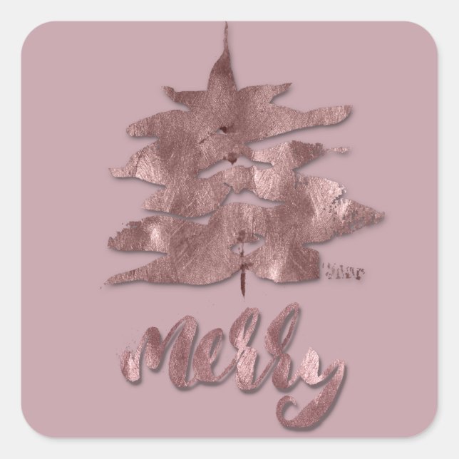 Merry Rose Gold Mauve Weihnachtsbaum Metallic Copp Quadratischer Aufkleber (Vorderseite)