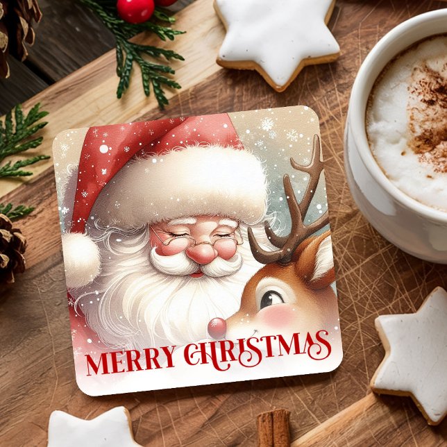 Merry Santa and Rudolph Festive Christmas Coasters Rechteckiger Pappuntersetzer (Merry Santa and Rudolph Festive Christmas Coasters)
