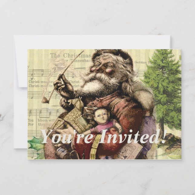 Merry Santa Claus Tree Classic Illustration Einladung (Vorderseite)