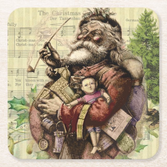 Merry Santa Claus Tree Classic Illustration Rechteckiger Pappuntersetzer (Vorderseite)