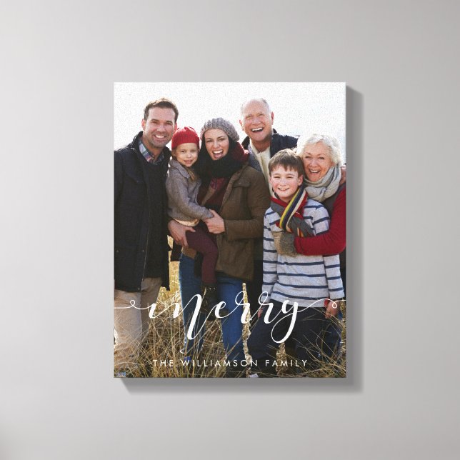 Merry Script Familie Foto Weihnachten Keepake Leinwanddruck (Vorderseite)