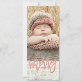 Merry Script Rose Gold Foil Rustic Wood Foto Feiertagskarte