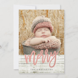 Merry Script Rose Gold Foil Rustic Wood Foto Feiertagskarte