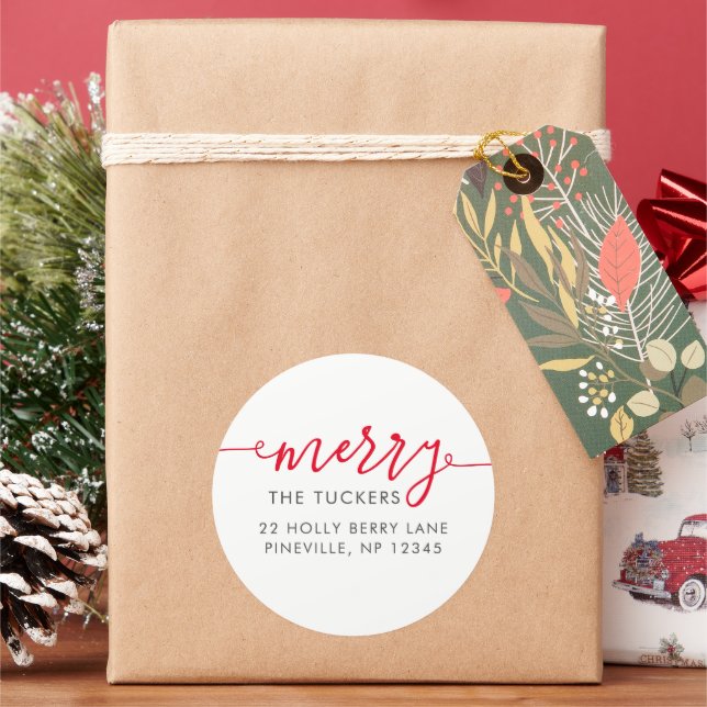 MERRY Script Simple Red Christmas Rücksendeadresse Runder Aufkleber (Feiertag)