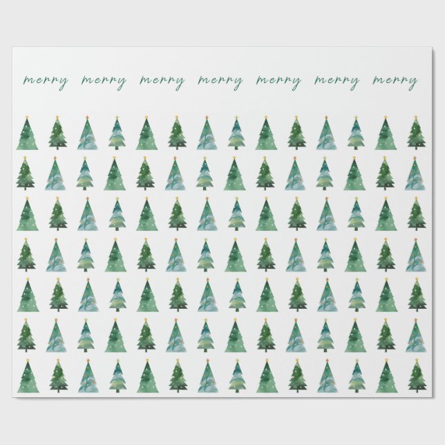 Merry Script Watercolor Festive Christmas Tree Geschenkpapier (Flach)