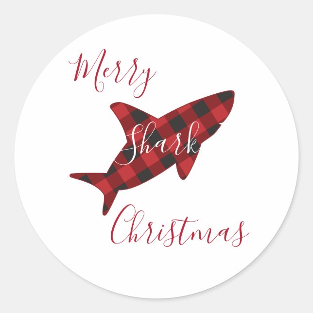Merry Shark Christmas Red Kariertes Script Runder Aufkleber (Vorderseite)