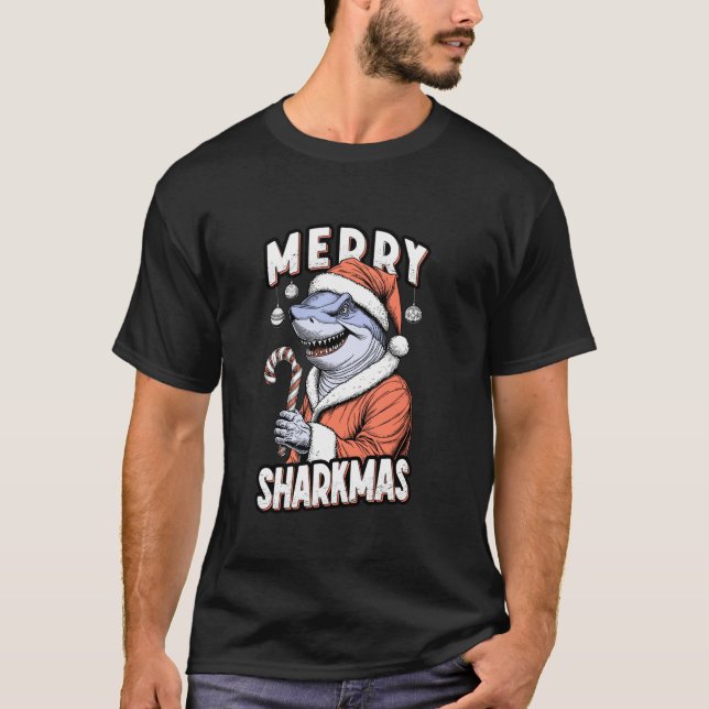 Merry Sharkmas Funny Shark Santa Claus Candy Cane  T-Shirt (Vorderseite)