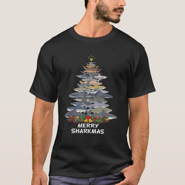 Merry Sharkmas Funny Shark Tree Xmas T-Shirt (Vorderseite)