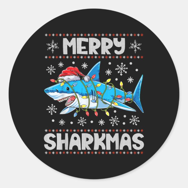 Merry Sharkmas Shark Santa Ugly Christmas Lights B Runder Aufkleber (Vorderseite)