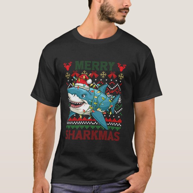 Merry Sharkmas Ugly Christmas Shark Lights Santa H T-Shirt (Vorderseite)