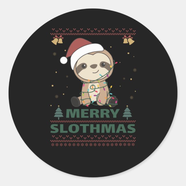 Merry Slothmas Funny Sloth Christmas Puff Runder Aufkleber (Vorderseite)