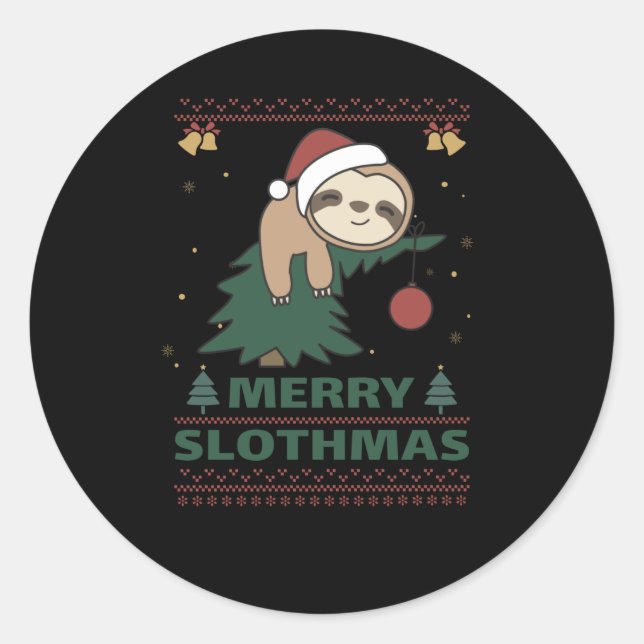Merry Slothmas Funny Sloth Christmas Puff Runder Aufkleber (Vorderseite)
