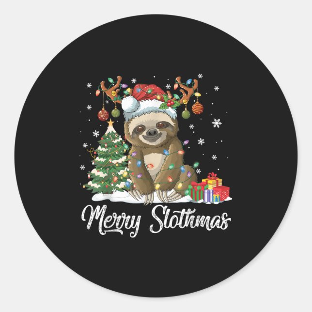 Merry Slothmas Funny Sloth Christmas Tree Lights X Runder Aufkleber (Vorderseite)