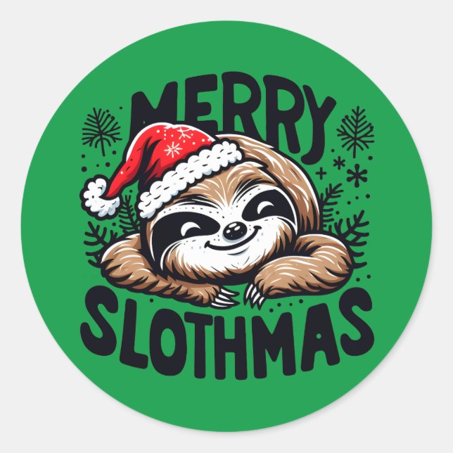 Merry Slothmas! Vector Festive Christmas Sloth Runder Aufkleber (Vorderseite)