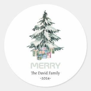 Merry Snow Watercolor Pine Weihnachtsbaum Geschenk Runder Aufkleber