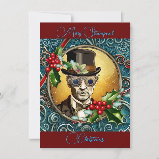 Merry Steampunk ChristmasFlat Holiday Card Feiertagskarte (Vorderseite)