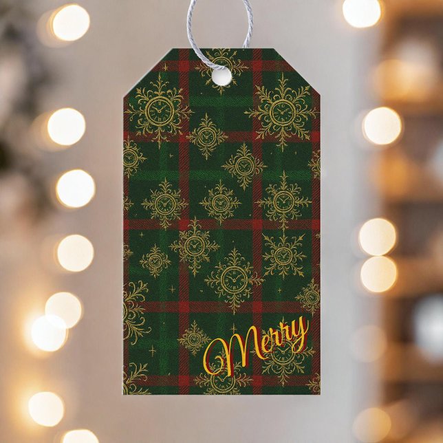 Merry Steampunk Snowflake Red und Green Tartan Geschenkanhänger (Von Creator hochgeladen)