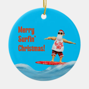 Merry Surfin Weihnachtsmann auf Surfboard Thread P Keramik Ornament