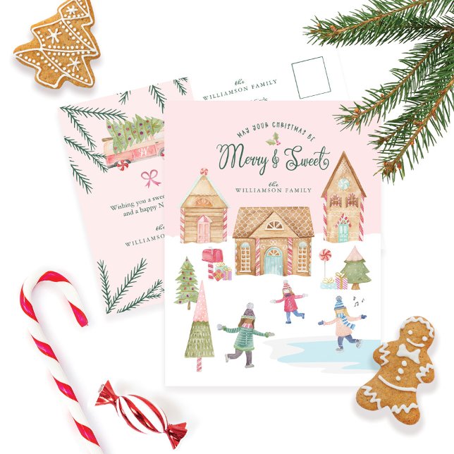 Merry & Sweet Watercolor Gingerbread Candy Village Postkarte (Von Creator hochgeladen)