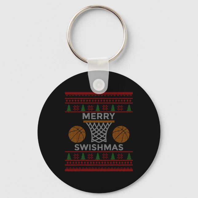 Merry Swishmas Bysketbyll Fun Cool Boy Weihnachten Schlüsselanhänger (Vorderseite)