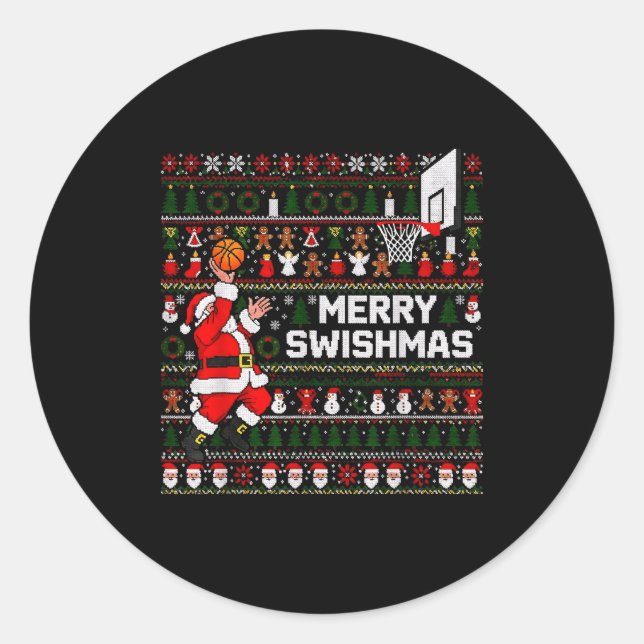 Merry Swishmas Santa Basketball Ugly Sweater Style Runder Aufkleber (Vorderseite)