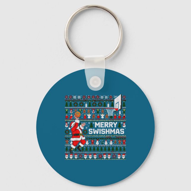 Merry Swishmas Santa Basketball Ugly Sweater Style Schlüsselanhänger (Vorderseite)