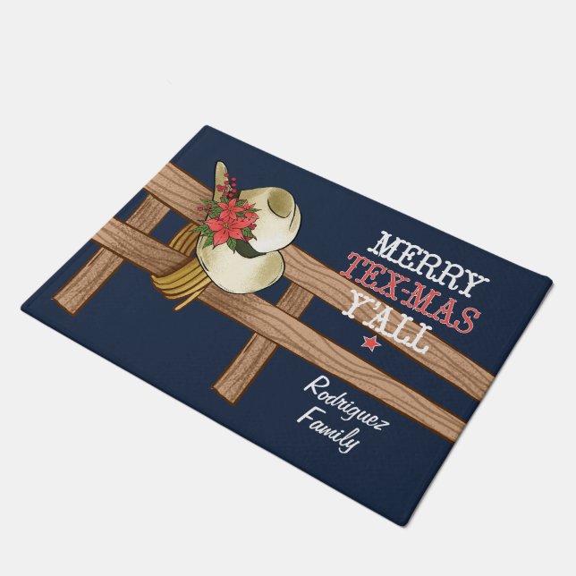Merry Tex-Mas Y'all Cowboy Hat mit Blume Fußmatte (Schrägansicht)