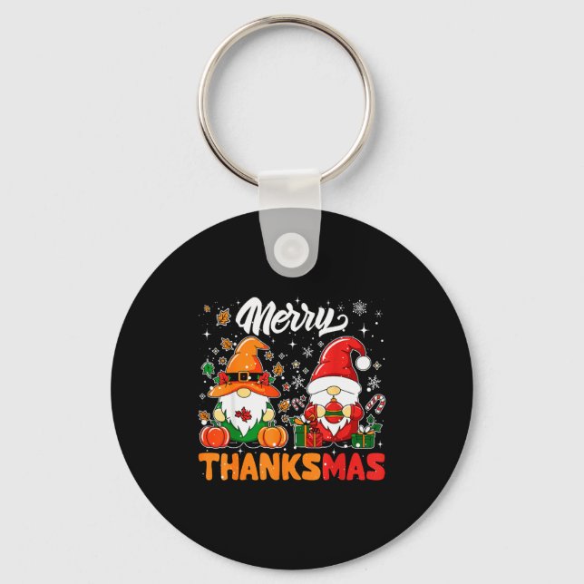 Merry Thanksmas Funny Fall Thanksgiving Santa Gnom Schlüsselanhänger (Vorderseite)