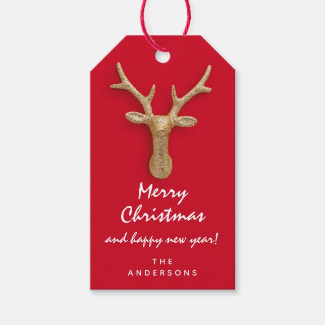 Merry to Holiday Geschenk Rentier Happy New Red Geschenkanhänger (Vorderseite)
