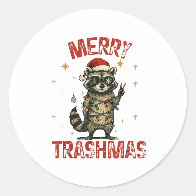 Merry Trashmas Raccoon Christmas Lights Funny Xmas Runder Aufkleber (Vorderseite)
