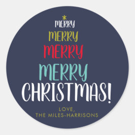 Merry Tree Navy Typografic Personalisiert Holiday Runder Aufkleber