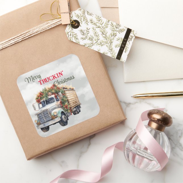 Merry Truckin Weihnachten Quadratischer Aufkleber (Schenken)