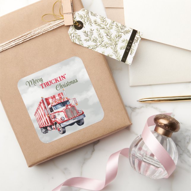 Merry Truckin Weihnachten Quadratischer Aufkleber (Schenken)