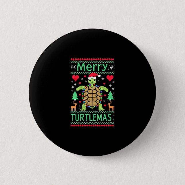 Merry Turtlemas Christmas Lights Cute Turtle Santa Button (Vorderseite)