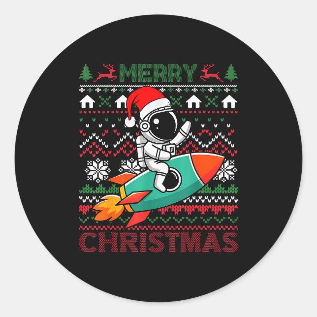 Merry Ugly Christmas Santa Hat Astronaut Riding Ro Runder Aufkleber (Vorderseite)