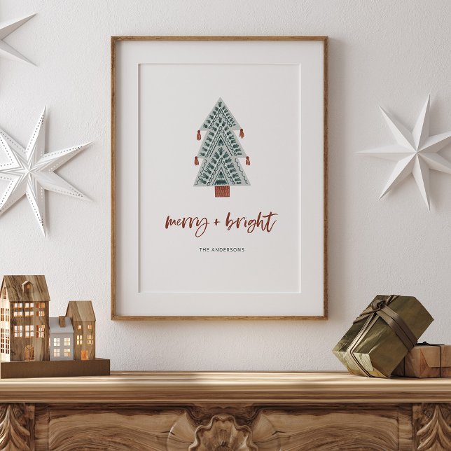 Merry und Bright | Boho Christmas Tree und Script Poster (A stylish and boho holiday poster, with a modern green Christmas tree and casual terracotta script)