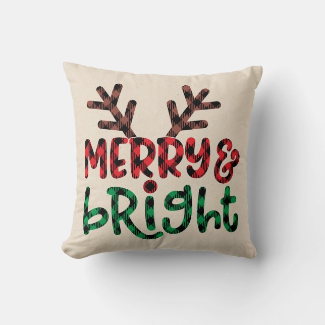 Merry und Bright Buffalo Karierter Weihnachtsbaum Kissen (Vorderseite)