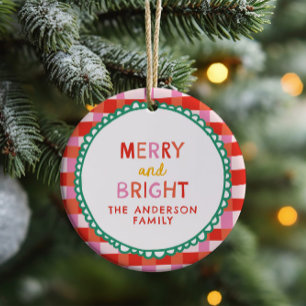 Merry und Bright Custom Holiday Red & Pink Gingham Keramik Ornament