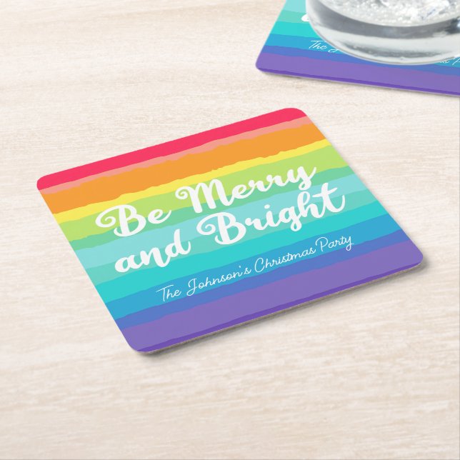 Merry und Bright Custom Rainbow Weihnachts-Party Rechteckiger Pappuntersetzer (angewinkelt)