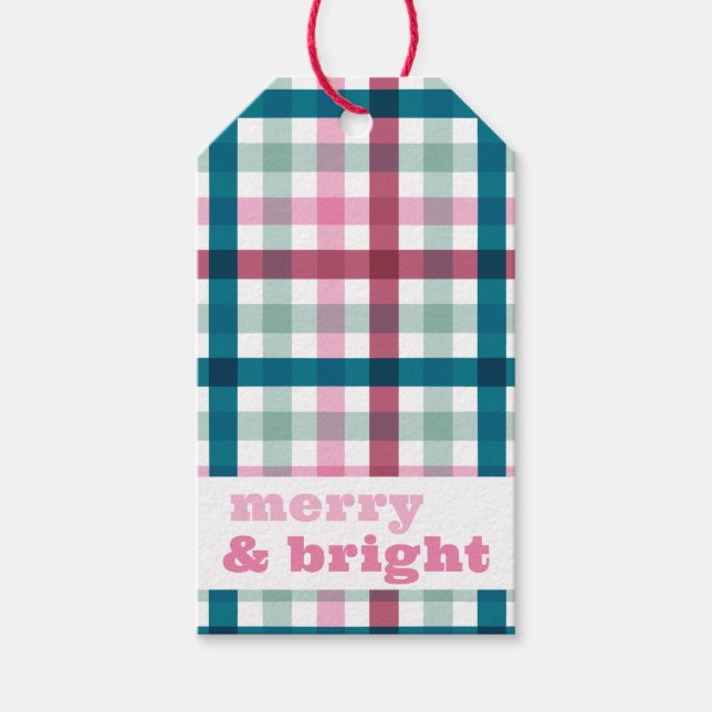 Merry und Bright Gingham Weihnachtsgeschenk Tag Geschenkanhänger (Vorderseite)