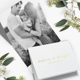 Merry und Bright | Gold Minimal Weihnachts-Foto Folienkarte