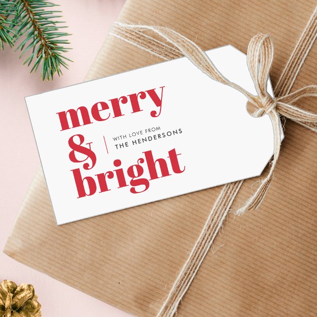 Merry und Bright | Modern Christmas Bright Red Geschenkanhänger (Personalize your holiday packaging with this modern red and white gift tag.)