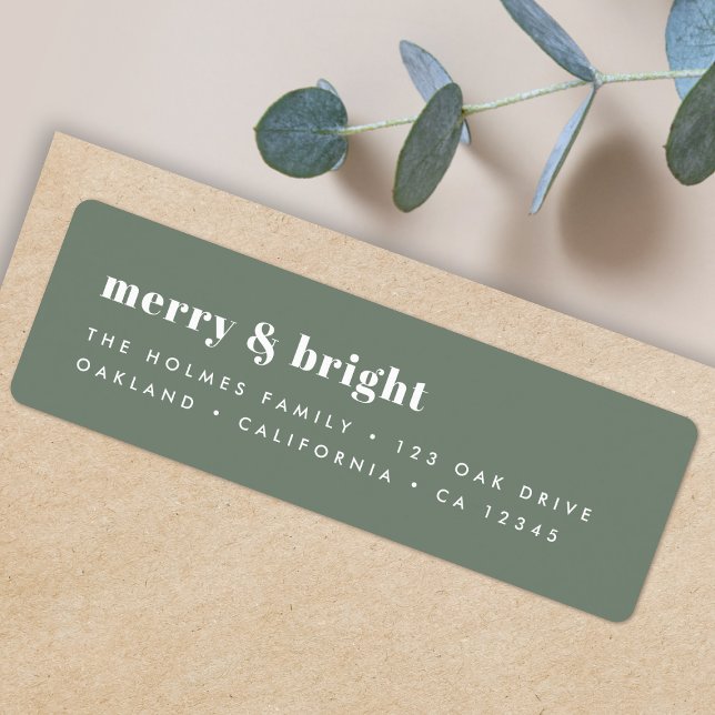 Merry und Bright | Modern Minimal Christmas Green (Personalize your envelopes with this bold sage green Christmas label)