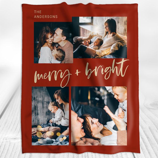 Merry und Bright | Multi Foto Grid Christmas Fleecedecke (A colorful, festive Christmas blanket in festive red with modern gold typography and four photos)