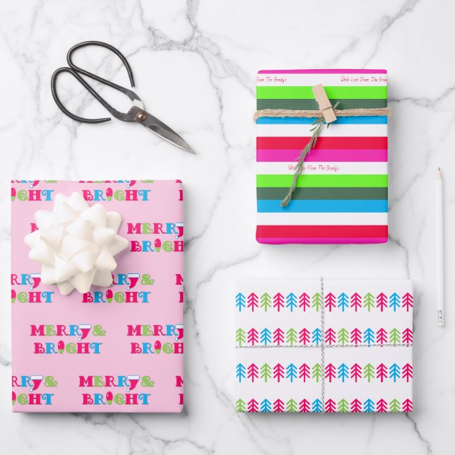 Merry und Bright Neon Pastel Weihnachten Geschenkpapier Set (Vorderseite)